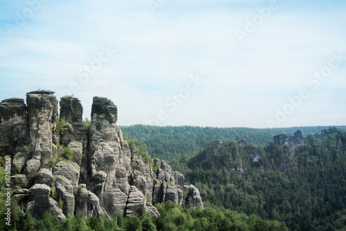 Mountains of Bastei, rocks formation in Saxon Switzerland National Park, Kurort Rathen, Germany.