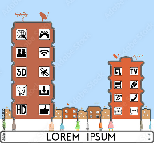 Connection to the Internet and cable television.  Houses are braided with communication cables. Icons in windows are services provided by the provider.