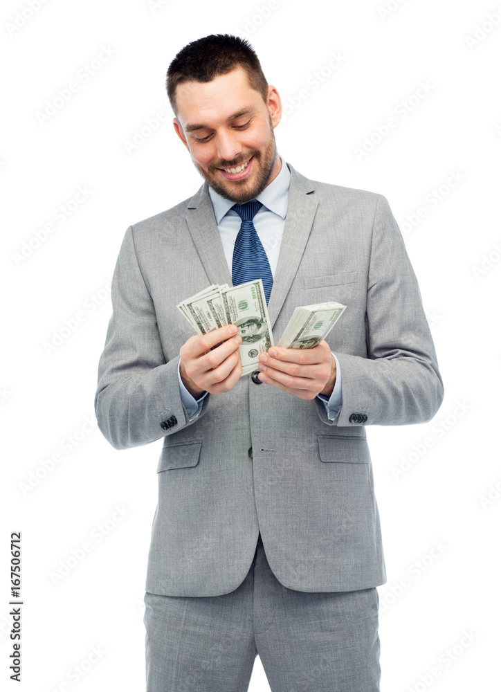 smiling businessman counting american dollar money smiling businessman counting american dollar money