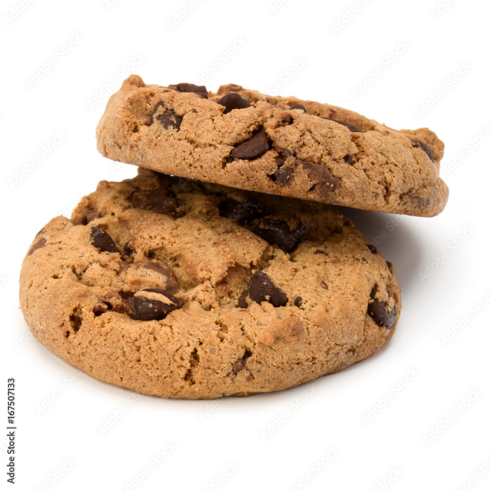 Two Chocolate chip cookies isolated on white background. Sweet biscuits. Homemade pastry. Two Chocolate chip cookies isolated on white background. Sweet biscuits. Homemade pastry.