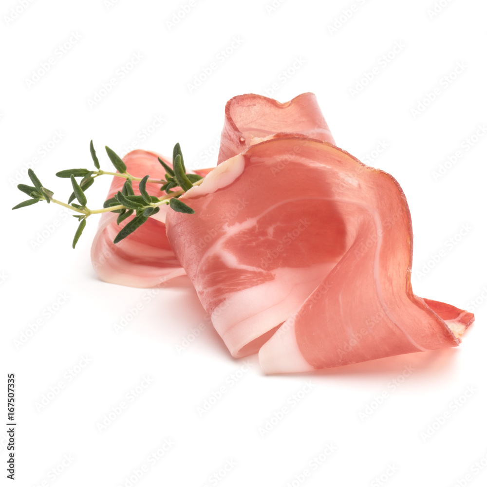 Italian prosciutto crudo or jamon. Raw ham. Isolated on white background