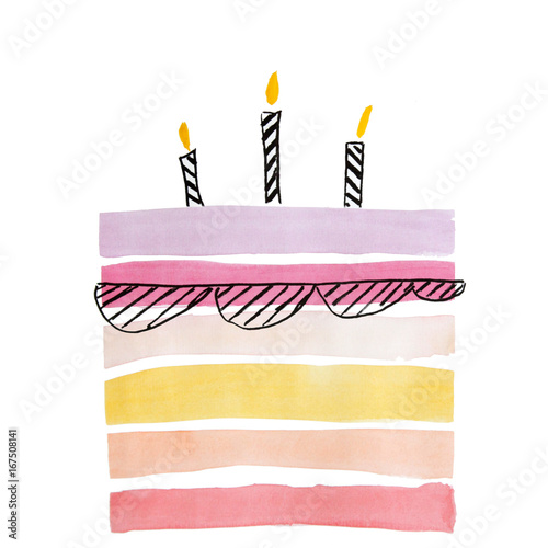 watercolor cake for birthday with three candles