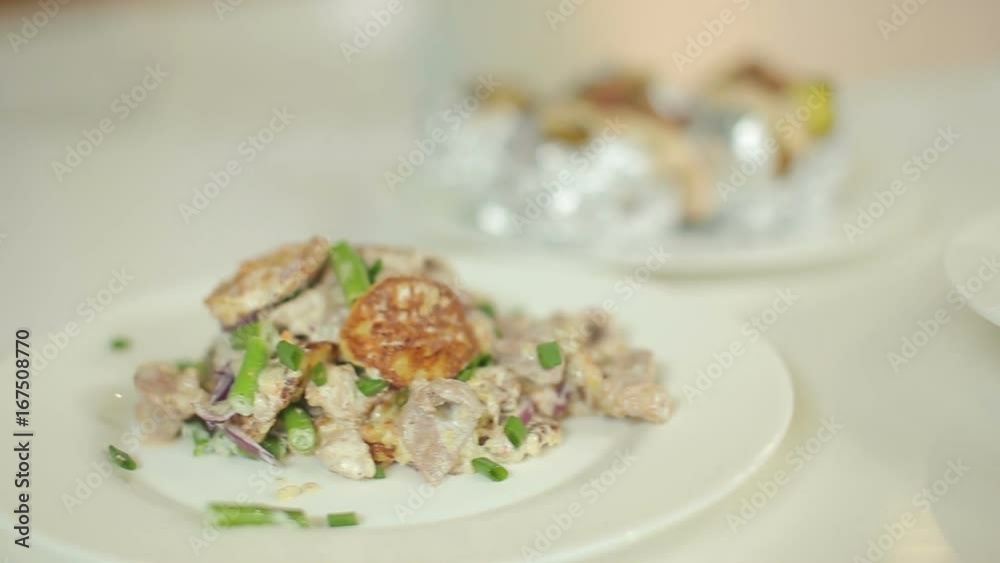 Cream soup with croutons and pancakes with pork and mushrooms in sour cream sauce. Presentation of the prepared dish. Cream soup with croutons and pancakes with pork and mushrooms in sour cream sauce. Presentation of the prepared dish.
