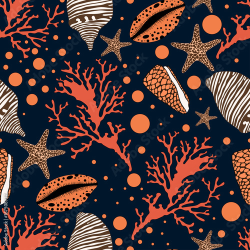 Seamless sea pattern with colorful shells,fishstars and corals.Colorful vector background.Textile texture