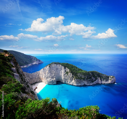 Navagio beach, famous summer vacations landscape of Zakinthos island, Greece, retro toned