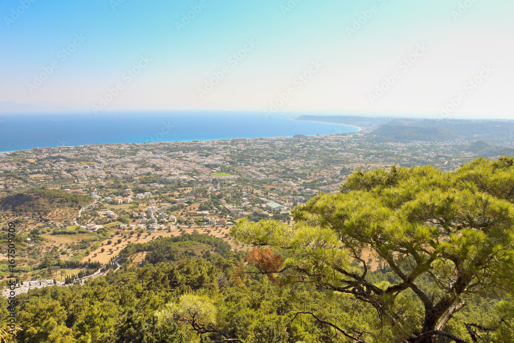 View of the coast of the Rhodes island from the top of the mountain