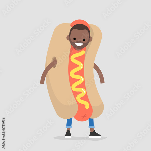 First job. Young black character wearing a hot dog costume / flat editable vector illustration, clip art