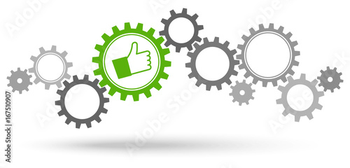 gray gears with green thumbs up