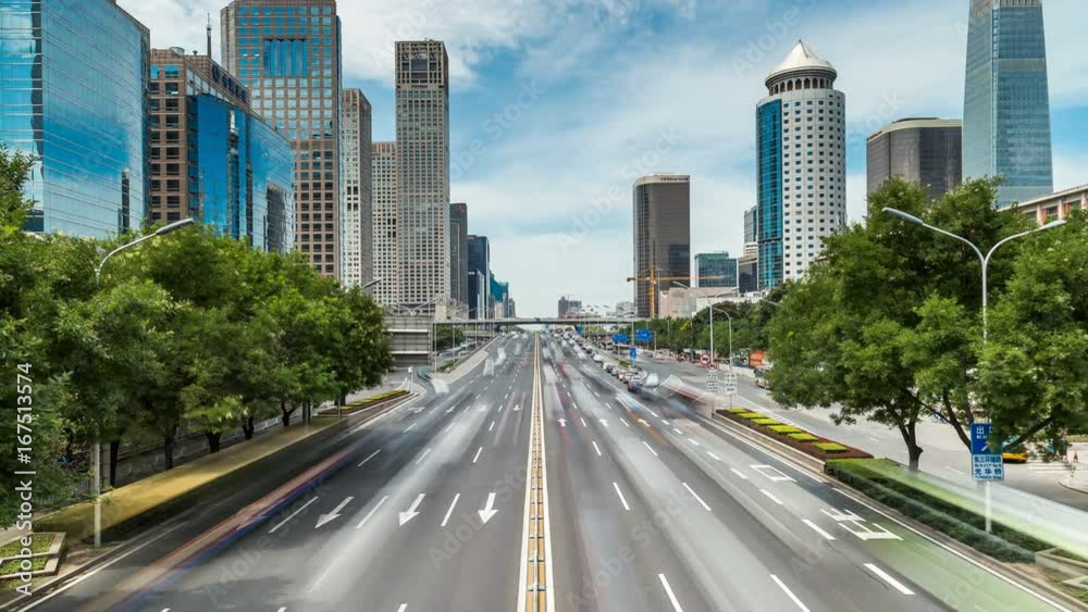 Time lapse of busy traffic and modern buildings in Beijing city , China. Time lapse of busy traffic and modern buildings in Beijing city , China.