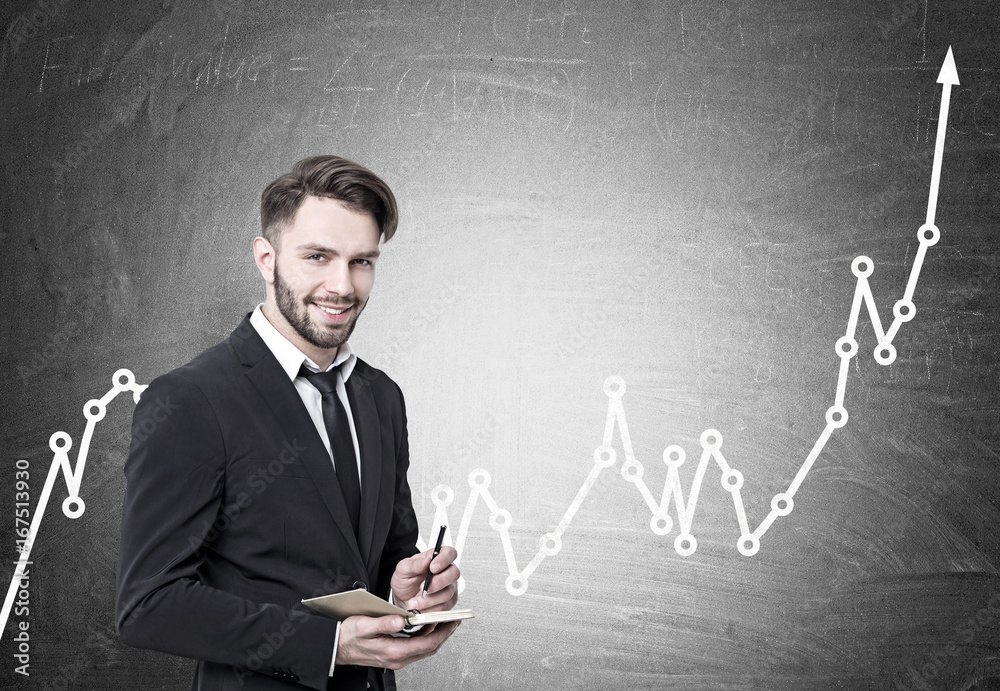 Smiling bearded businessman, rising graph Smiling bearded businessman, rising graph
