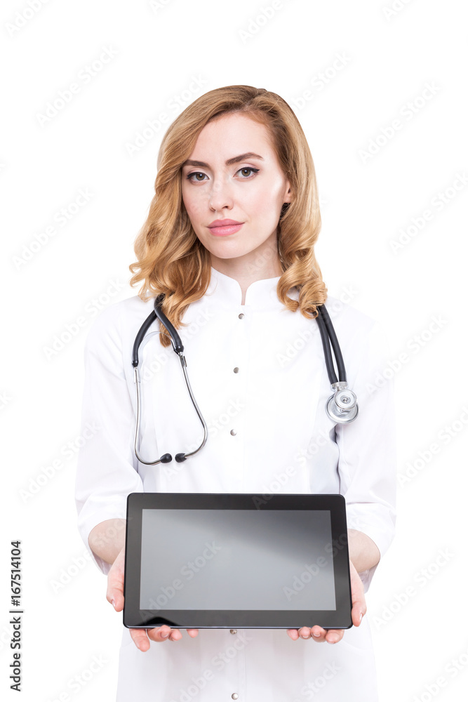 Red haired woman doctor with a tablet computer Red haired woman doctor with a tablet computer