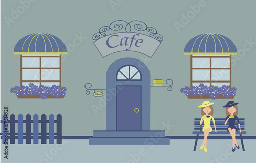 Pretty scenery in a rustic style. A cafe, beautiful girls, cups of coffee, two windows with a striped awnings, door, stairs, flowers.A cute bench. A fence. Vector illustration 