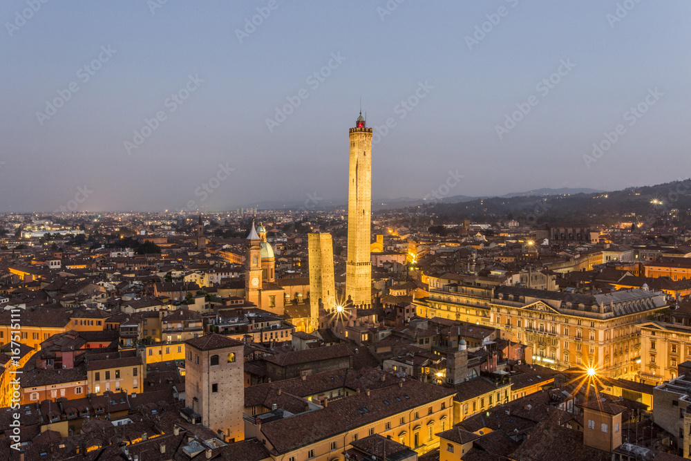 Evening view of the Two Towers in Bologna