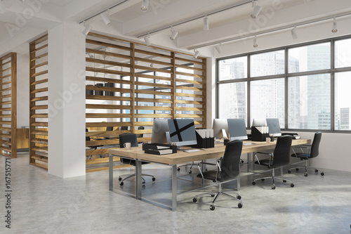 Open office interior with plank walls