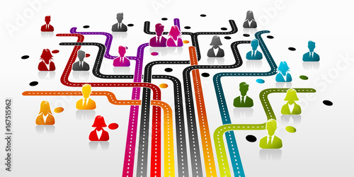 Business diversity concept with colorful people silhouettes and road infrastructure