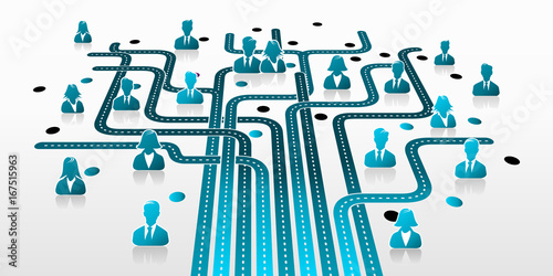 Business globalization concept with blue people silhouettes and road infrastructure