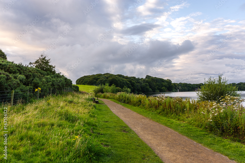 Lakeside path on cloudy day