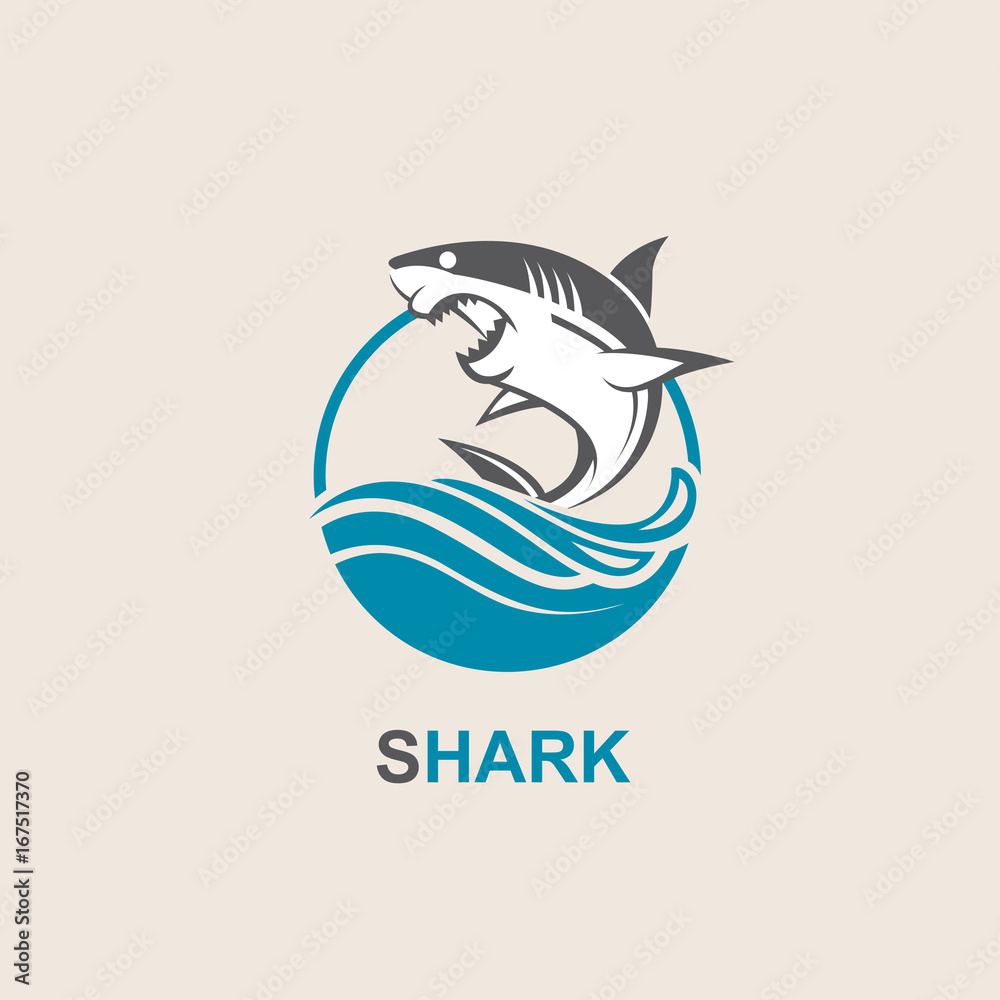 Fototapeta premium ikona wściekłego rekina z falami morskimi