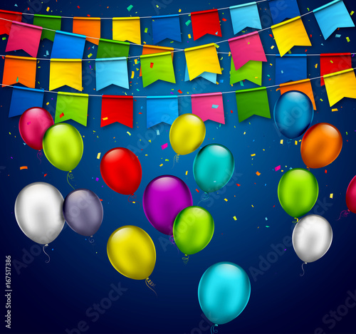 Vector holiday banner with confetti, multicolored balloons. Greeting card with colorful garlands of flags, festive bunting and air balloons. Celebration background for invitation, festival, birthday