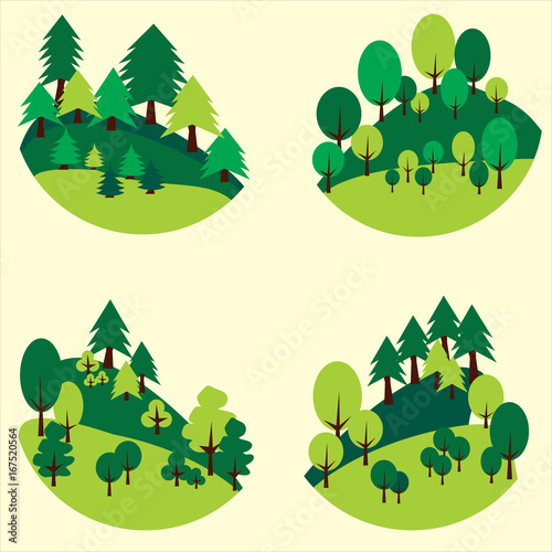 four forests trees and pines cut out in the form of a circle