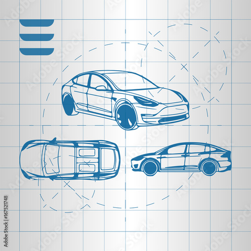 The design of the car drawing on a blue background, white print vector illustration. photo