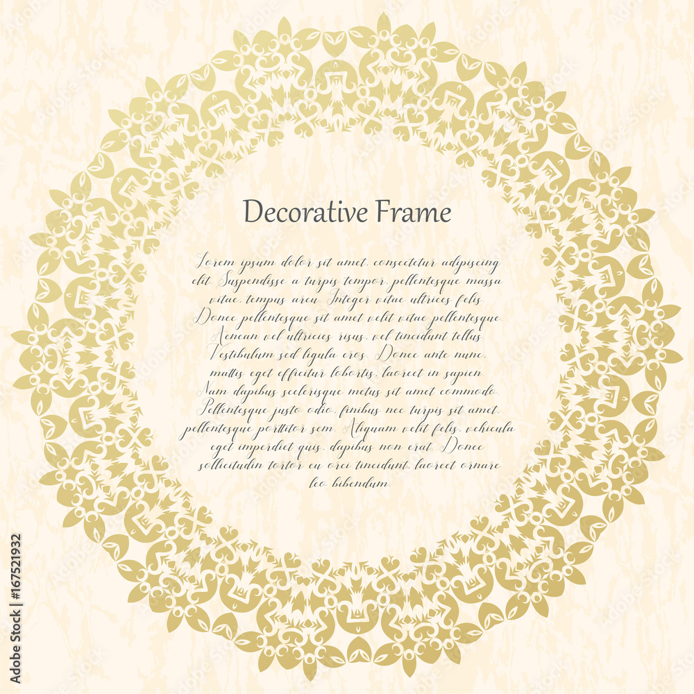 Vintage gold round frame on a textural background. Vector illustration.