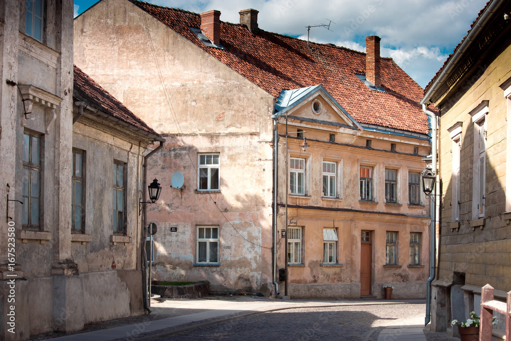 Typical houses in latvian city Kuldiga. Street architecture panorama. Kuldiga is a small town in western Latvia