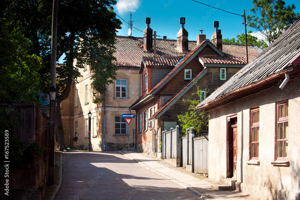 Typical houses in latvian city Kuldiga. Street architecture panorama. Kuldiga is a small town in western Latvia