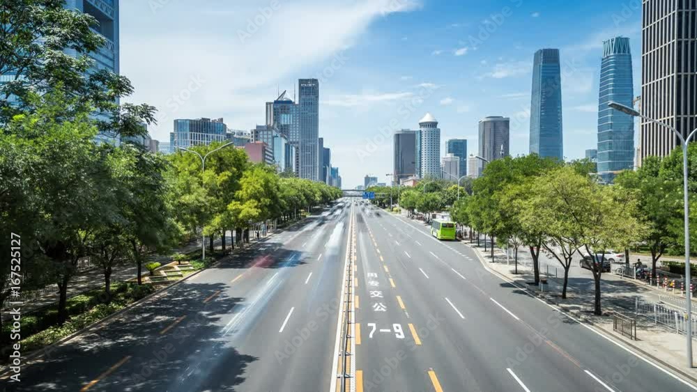 Time lapse of busy traffic and modern buildings in Beijing city , China. Time lapse of busy traffic and modern buildings in Beijing city , China.