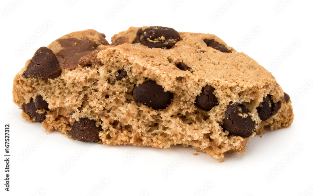 One broken Chocolate chip cookie isolated on white background. Sweet biscuit crumbs. Homemade pastry.