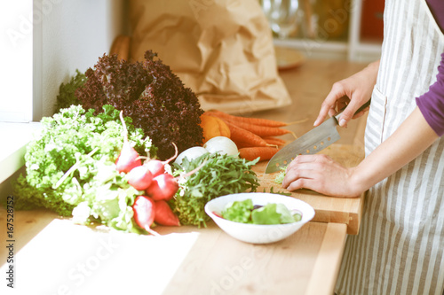 Young woman cutting vegetables in the kitchen