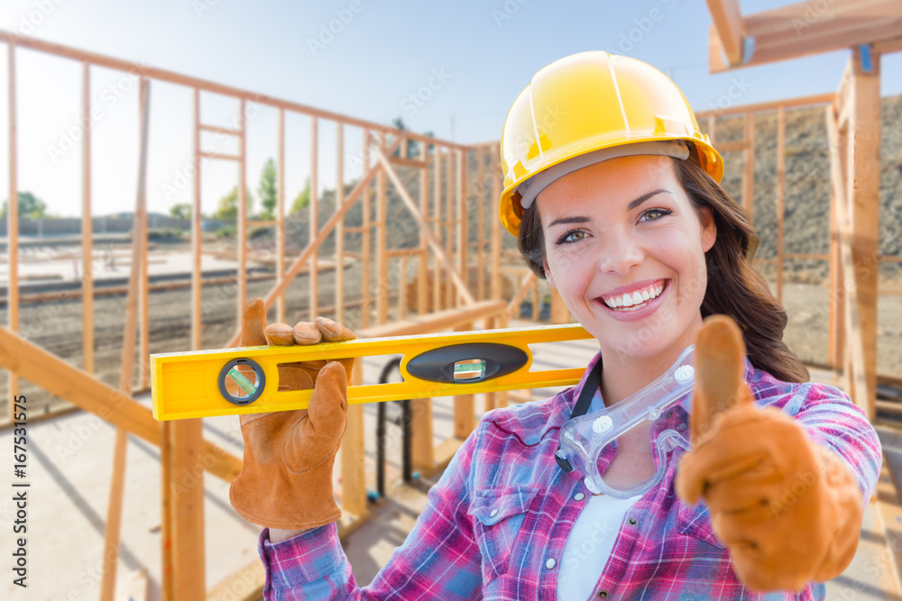 Female Construction Worker with Thumbs Up Holding Level Wearing Gloves