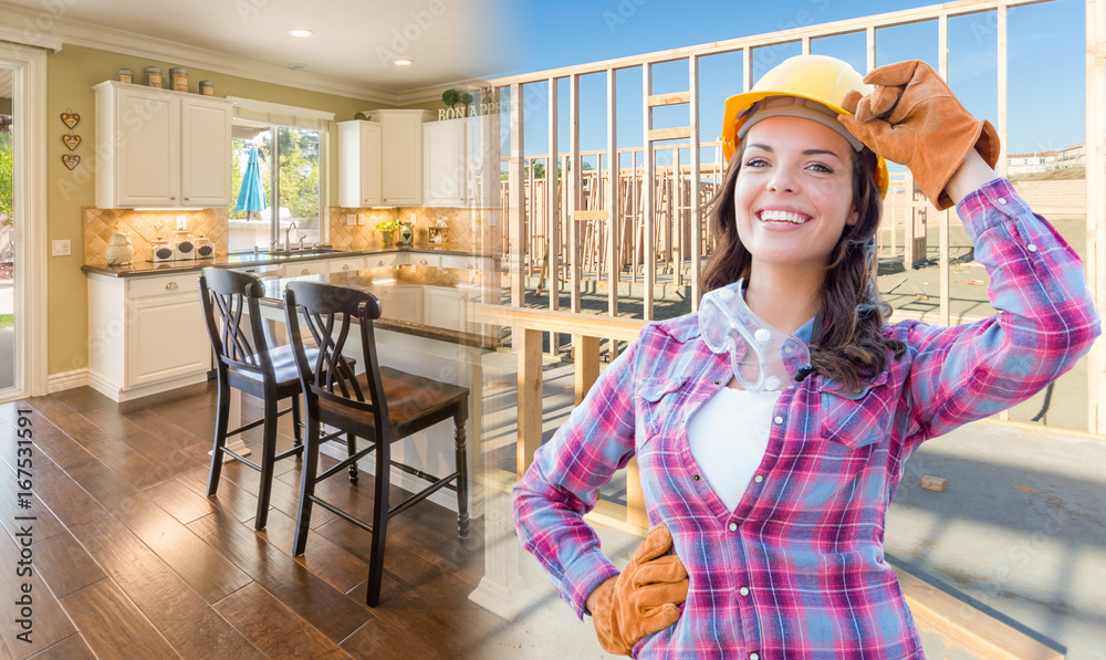 Female Construction Worker In Front of House Framing Gradating to Finished Kitchen Photo Female Construction Worker In Front of House Framing Gradating to Finished Kitchen Photo