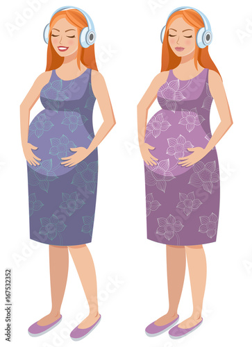 Cute illustration of a happy beautiful pregnant woman in violet dress listening music in headphones. Vector illustration