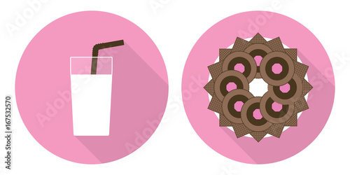 Flat vector cup of glass of milk and plate with cookies