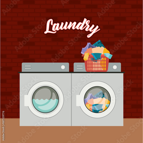 brick wall background of set wash machine laundry an pile dirty clothes in plastic basin