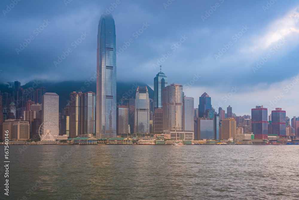 VICTORIA HARBOUR, HONG KONG - AUGUST 4, 2017 : View from Kowloon toward the Victoria Harbour in the early morning