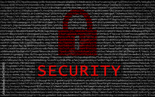 Security text with red lock over encrypted text