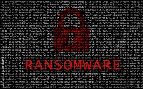 Ransomware text with red lock over encrypted text