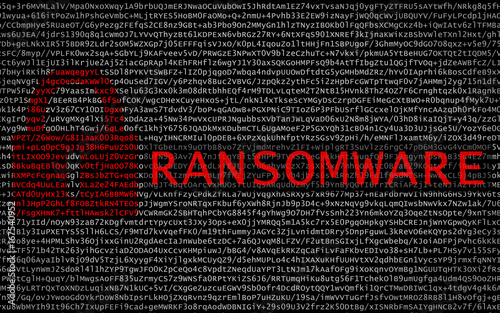 Ransomware text with red lock over encrypted text