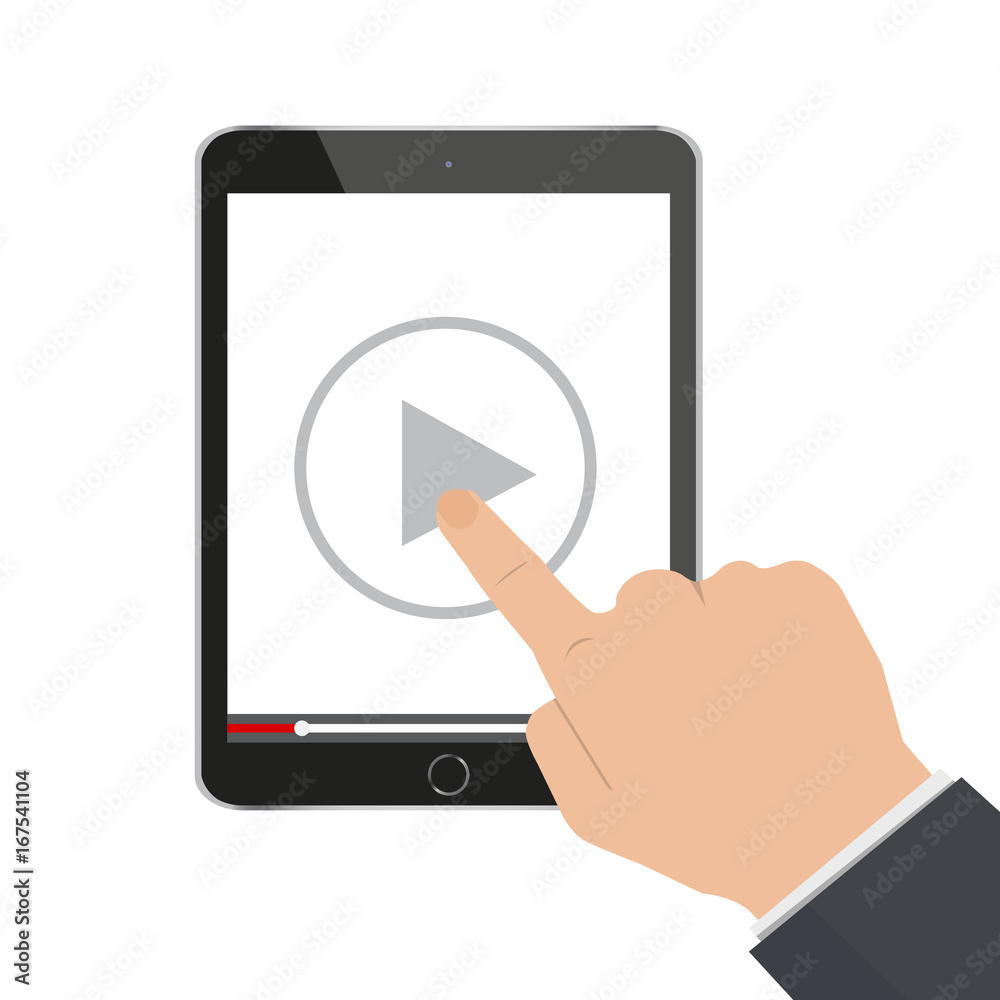 Hand pointing to play button on a tablet computer to watch video tutorial. Hand pointing to play button on a tablet computer to watch video tutorial.