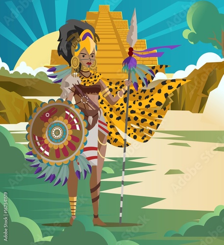 aztec jaguar female warrior near lake pyramid temple