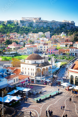 Cityscape of Athenth with Moanstiraki square and Acropolis hill, Athens Greece, retro toned
