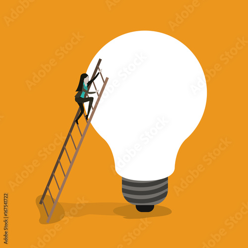 color background with businesswoman climbing wooden stairs in a big light bulb