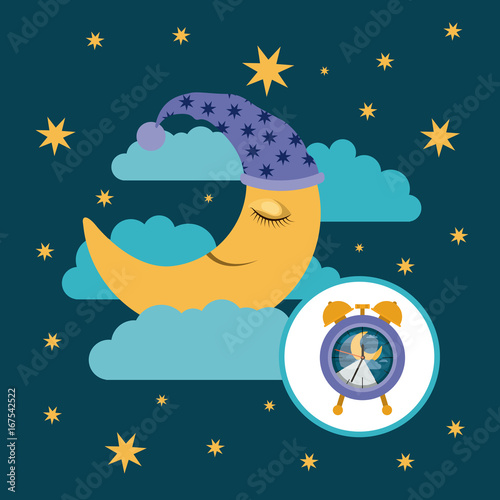 color poster scene sky landscape of moon with sleeping cap dreaming and alarm clock icon