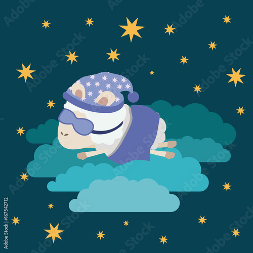color poster scene night landscape of sleep time with sheeps in the clouds with sleep mask