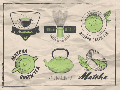 Matcha labels. Japanese green tea badges. Vector  logos on vintage paper background.