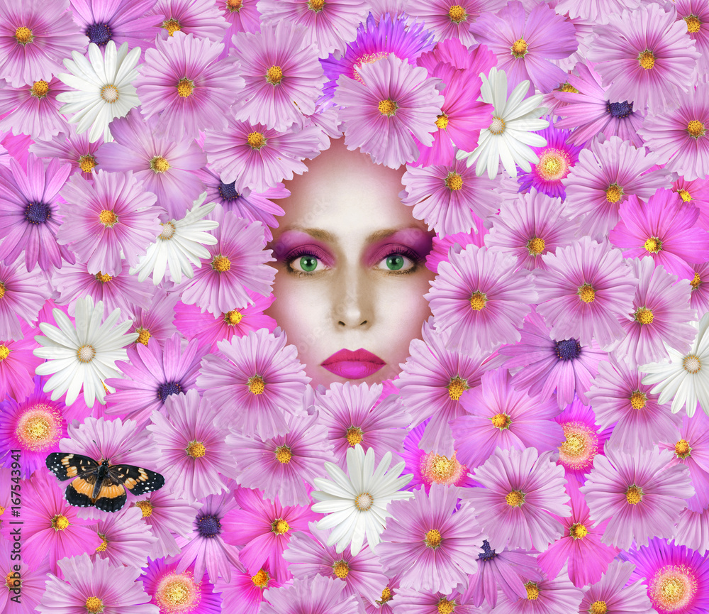 Beautiful Fashion Face Surrounded by Flowers