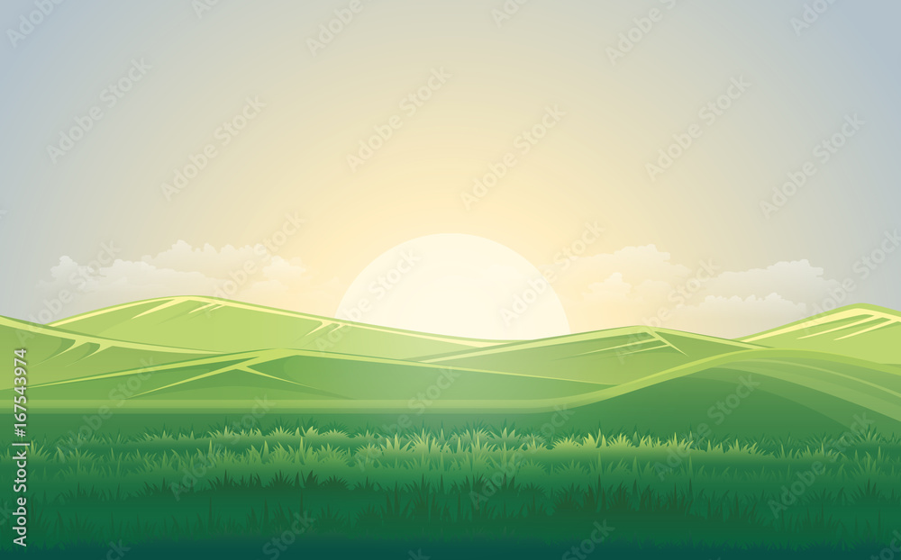 Summer green meadow and mountain landscape with sunset. vector illustration