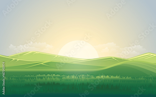 Summer green meadow and mountain landscape with sunset. vector illustration